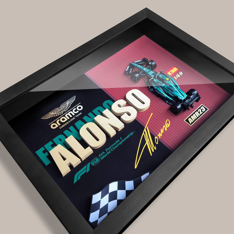 Aston Martin AMR23 #14 Fernando Alonso Signature F1 Diecast Car – 3D Framed Wall Art for Collectors