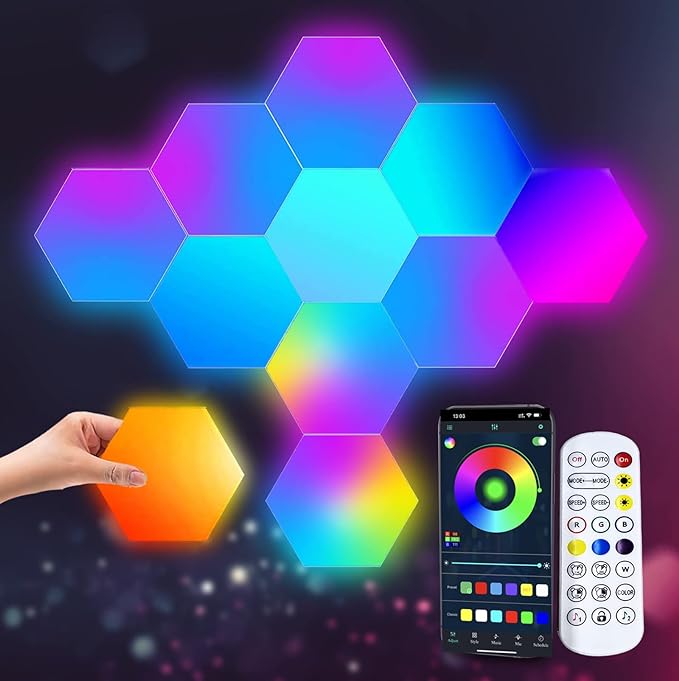 Hexagon RGB LED Smart Light Panels Punch-Free With App Control 10 Panels Gaming Stupe - EdgeFollow
