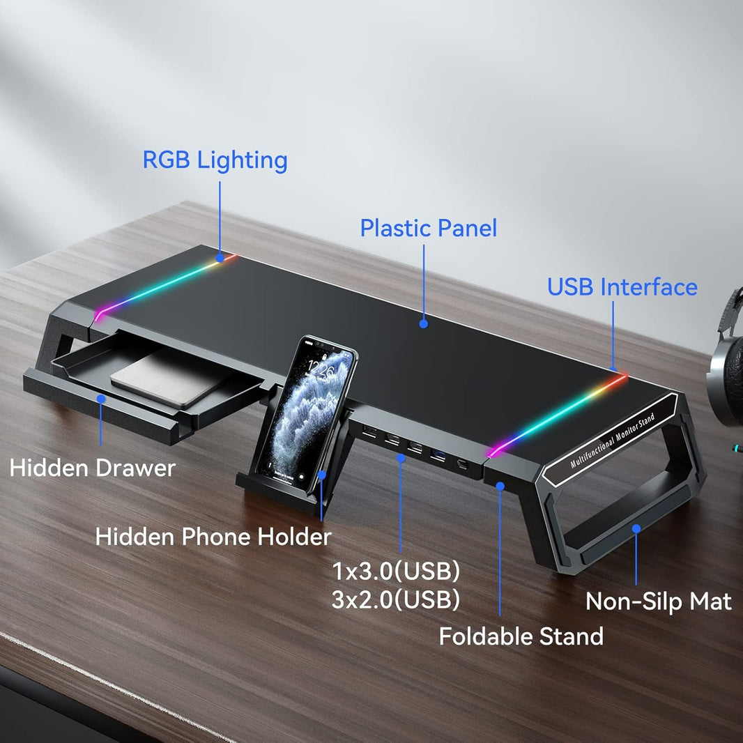 RGB Gaming Computer Monitor Stand Riser with Drawer,Storage and Phone Holder Gaming Setup - EdgeFollow