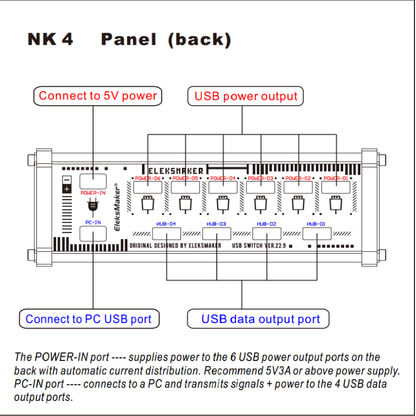 Eleksmaker NK4 USB 15W Data Powered USB Hub with Individual LED Power Switches - Gamer Gift